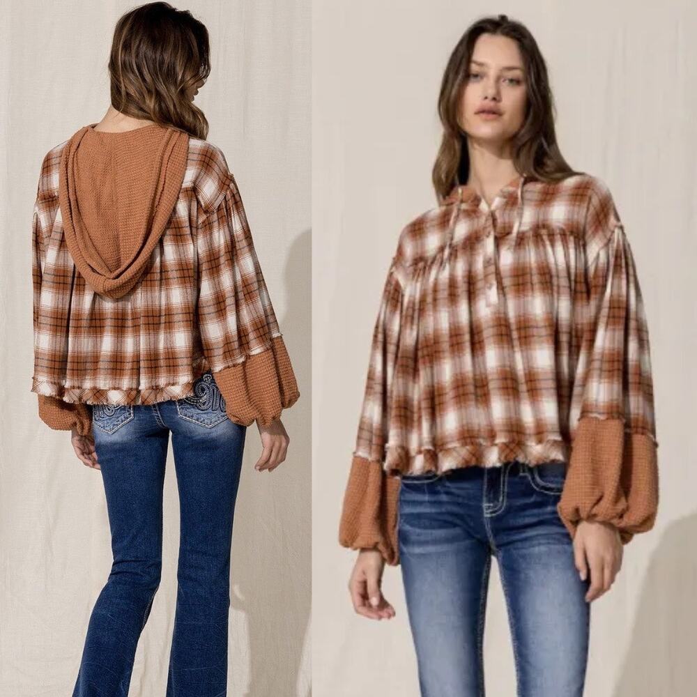 NEW Miss Me MISS ME
Orange Multi Plaid Thermal Hoodie Balloon Sleeve Size Small